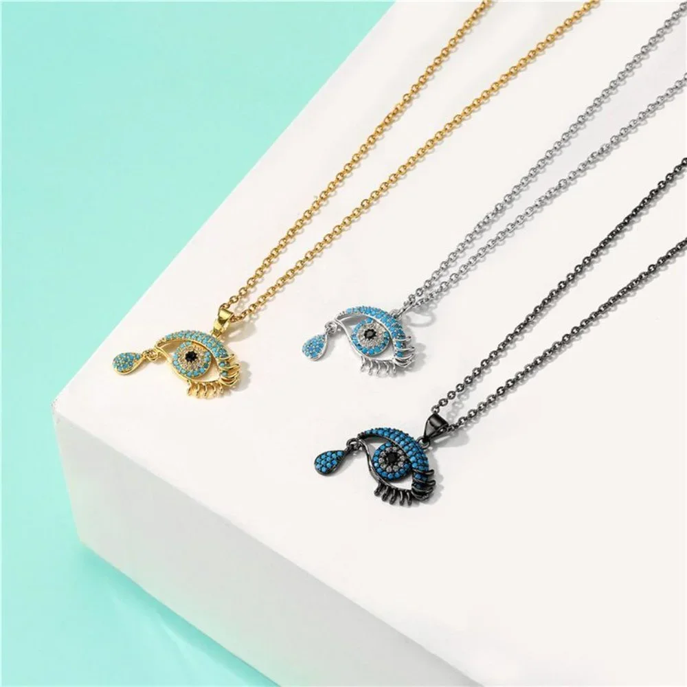 Evil Eye Silver Blue Pave Cubic Zirconia Dainty Necklace - Picture 3 of 4
